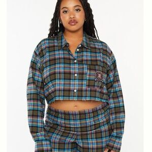 NWT SAVAGE X FENTY Women’s Plaid Long Sleeve Crop Button Up Pajama Shirt Size Me